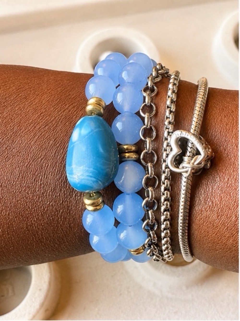 Sky Blue & Deep Blue Beaded Stretch Bracelet | Handmade Jewelry | Blue & Gold